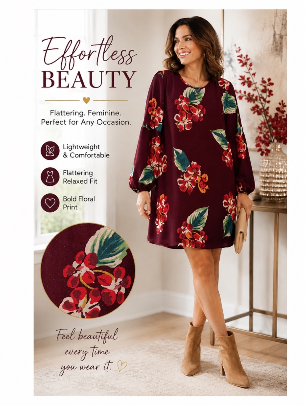 LOFT Burgundy Floral Long Sleeve Shift Dress XS